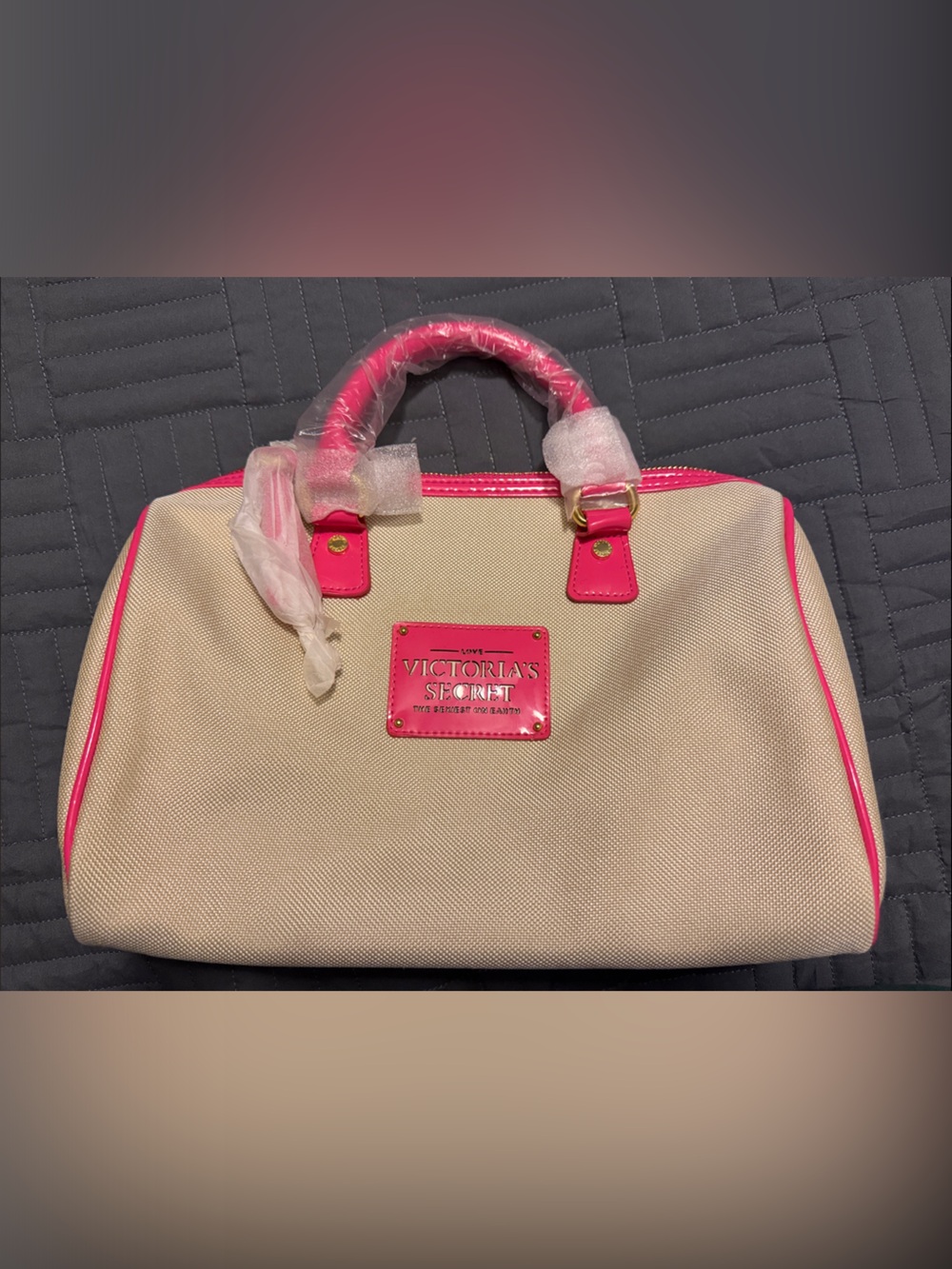 Victoria's Secret Beige Canvas Tote with Hot Pink Trim